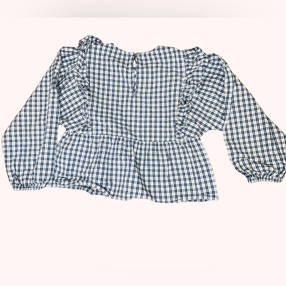 Crewcuts Black & White Plaid Blouse Girls' ruffle-shoulder flannel top sz large - Picture 4 of 10